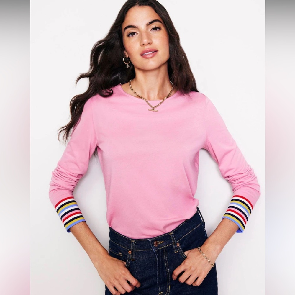 Pink Long-Sleeve Crewneck Top with Striped Cuffs
